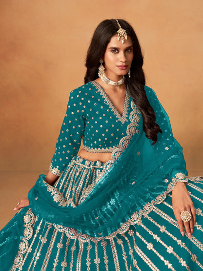 Teal Blue Art Silk Paper Mirror & Embroidery Lehenga Choli