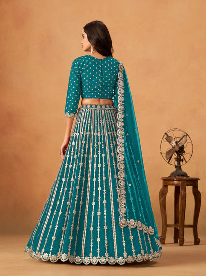 Teal Blue Art Silk Paper Mirror & Embroidery Lehenga Choli