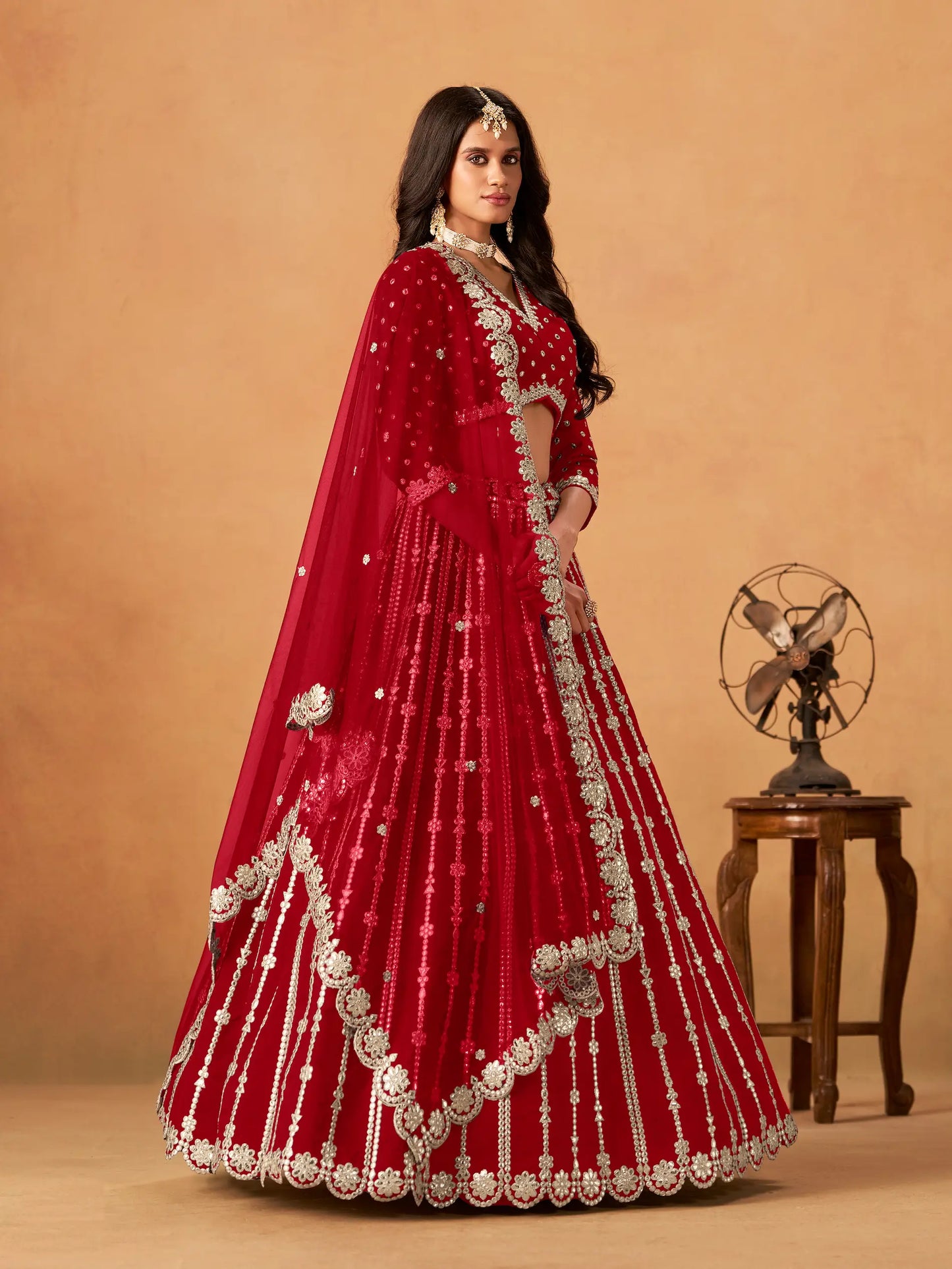 Red Art Silk Paper Mirror & Embroidery Lehenga Choli
