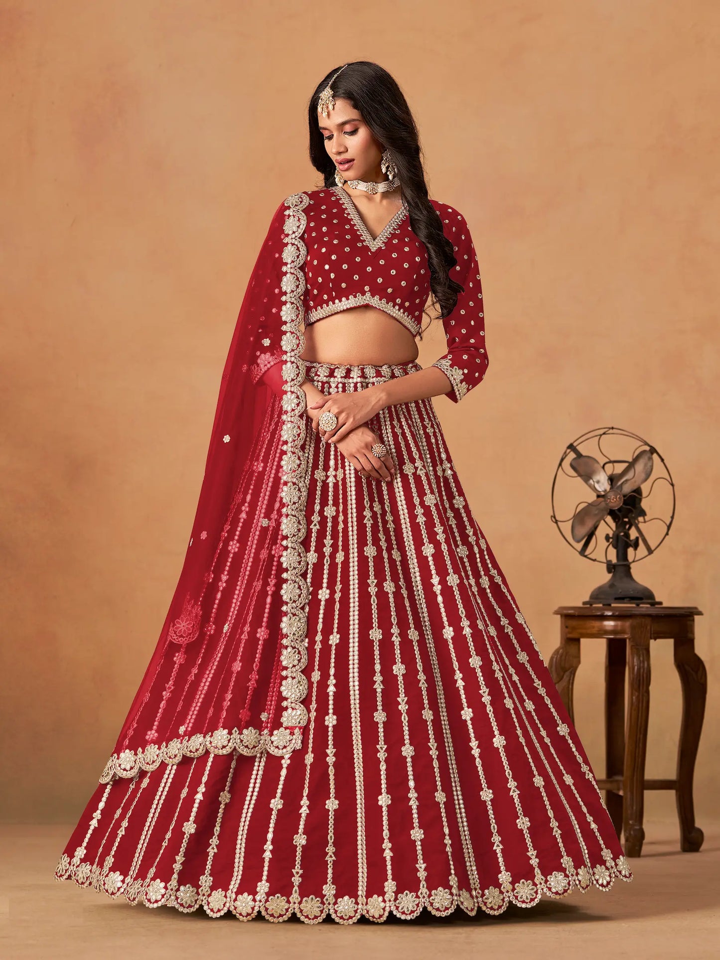 Red Art Silk Paper Mirror & Embroidery Lehenga Choli