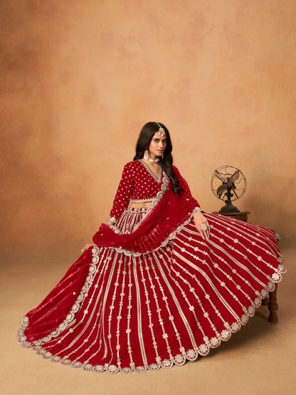 Red Art Silk Paper Mirror & Embroidery Lehenga Choli
