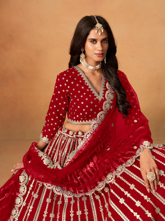 Red Art Silk Paper Mirror & Embroidery Lehenga Choli
