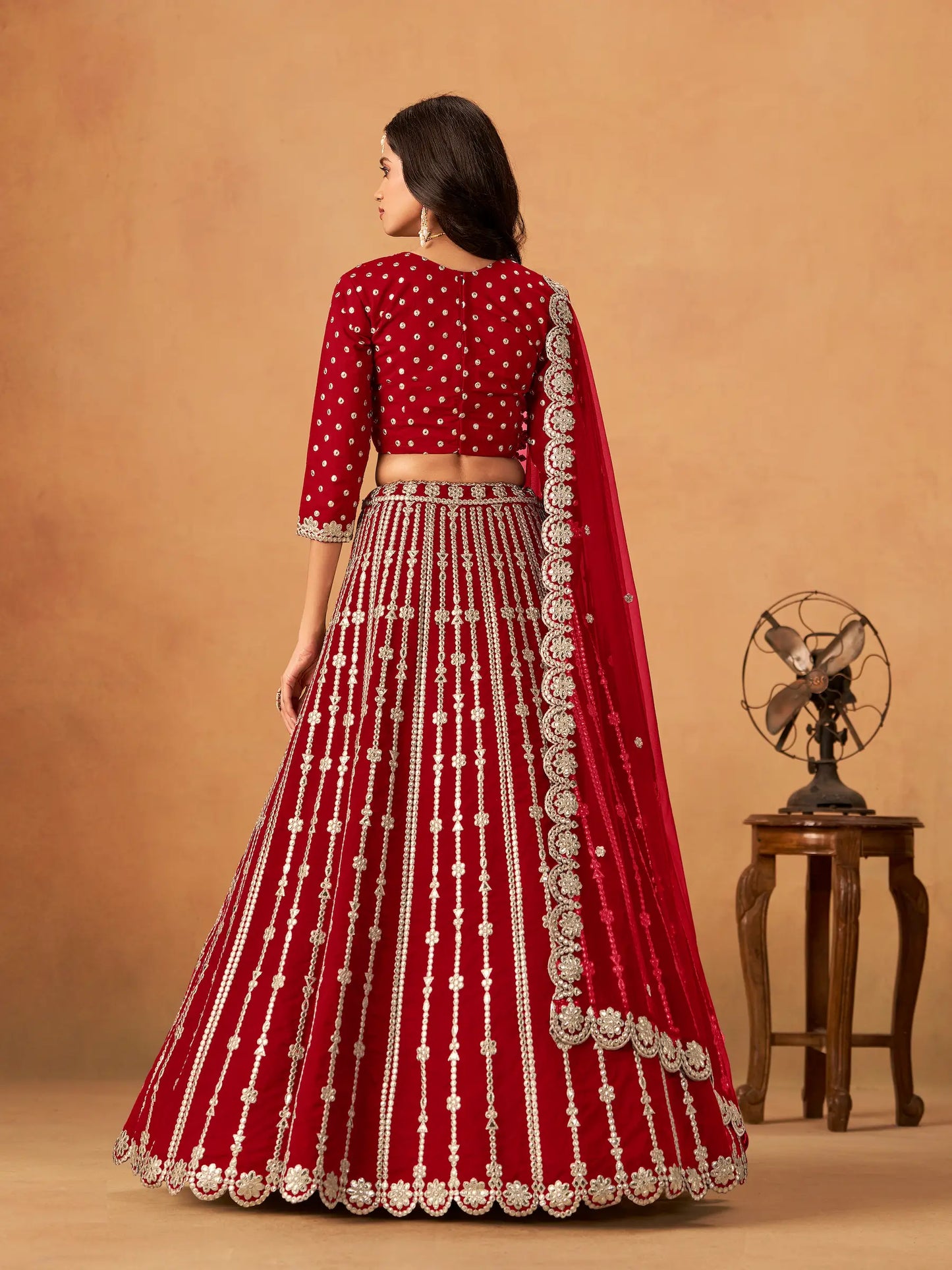 Red Art Silk Paper Mirror & Embroidery Lehenga Choli