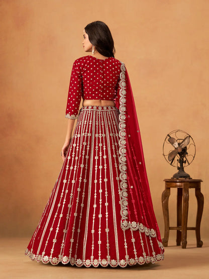 Red Art Silk Paper Mirror & Embroidery Lehenga Choli