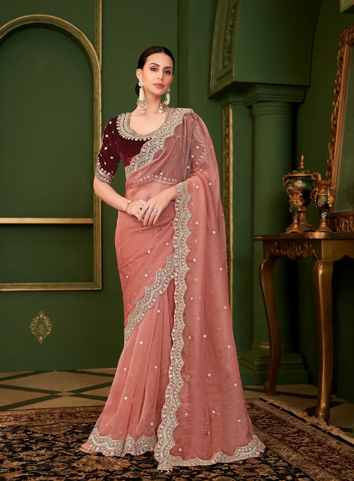 Dark Peach Tissue georgette Heavy Embroidery Saree