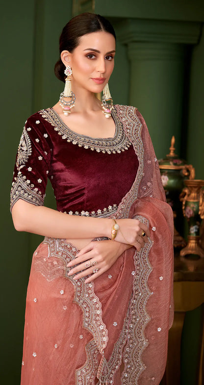 Dark Peach Tissue georgette Heavy Embroidery Saree