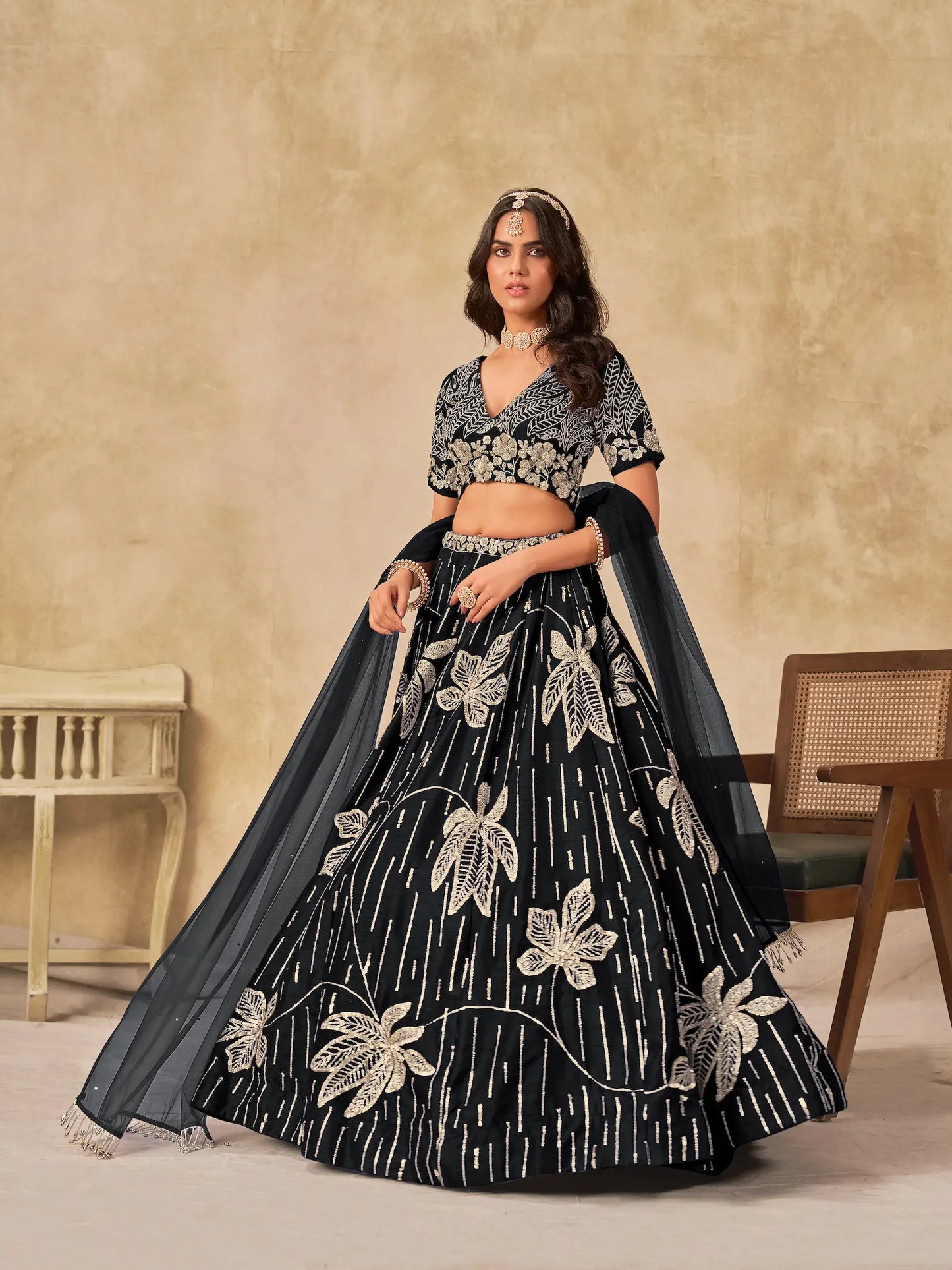 Black Art Silk Lehenga Choli With Sequins Embroidery