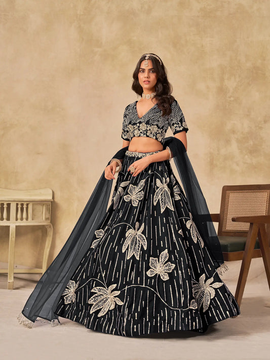 Black Art Silk Lehenga Choli With Sequins Embroidery