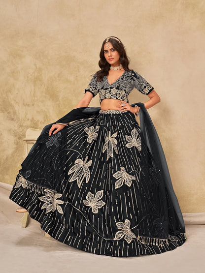 Black Art Silk Lehenga Choli With Sequins Embroidery