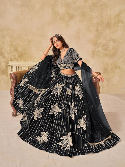 Black Art Silk Lehenga Choli With Sequins Embroidery