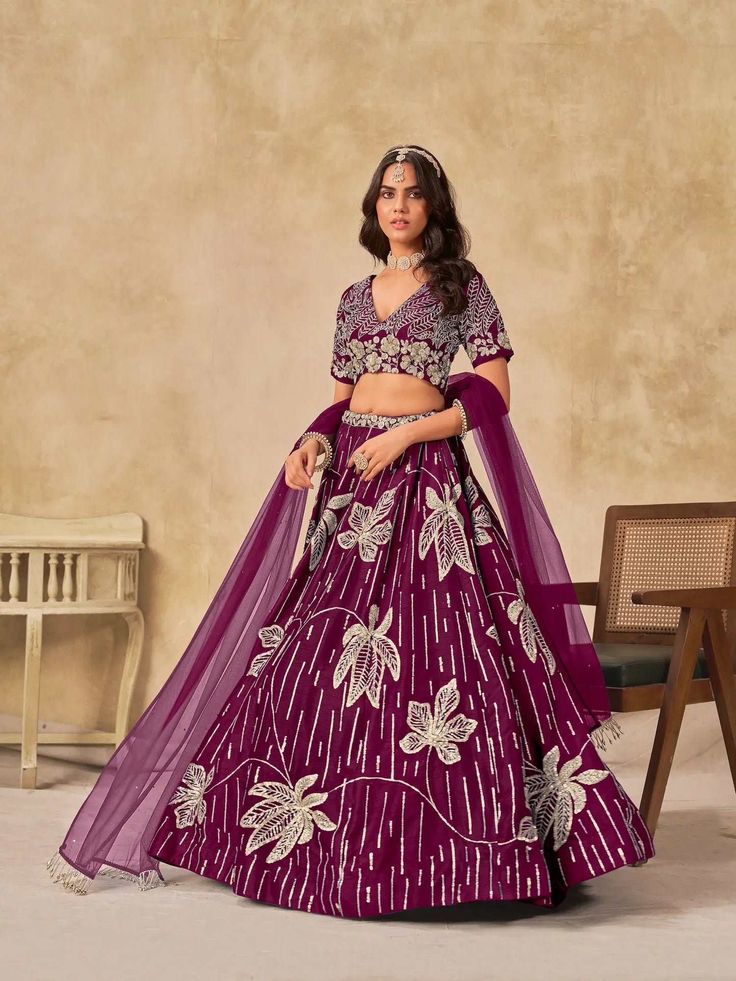 Wine Art Silk Lehenga Choli With Sequins Embroidery