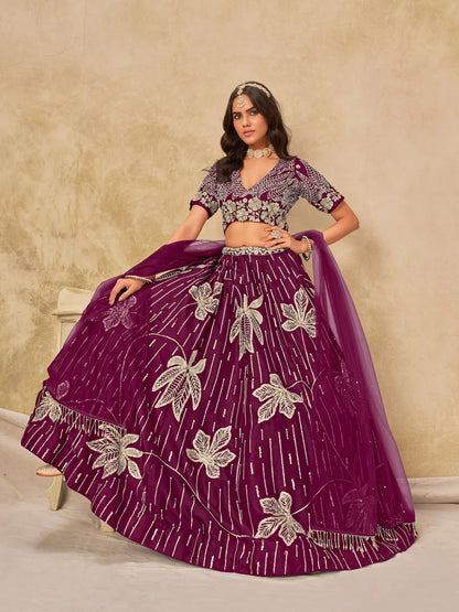 Wine Art Silk Lehenga Choli With Sequins Embroidery