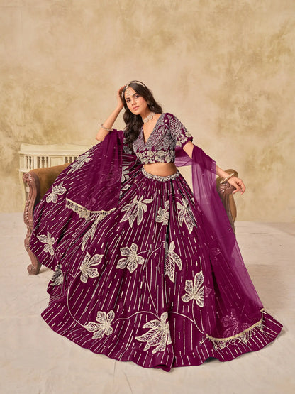 Wine Art Silk Lehenga Choli With Sequins Embroidery