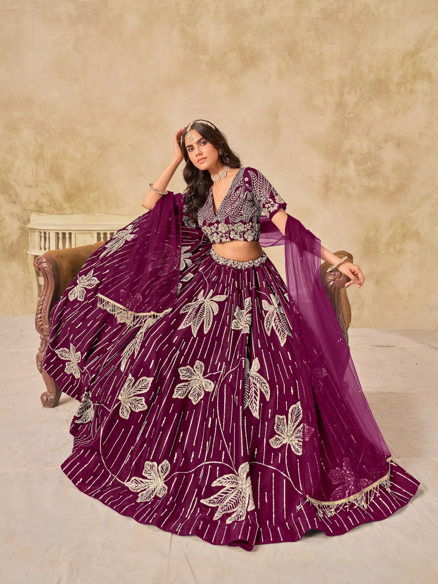 Wine Art Silk Lehenga Choli With Sequins Embroidery