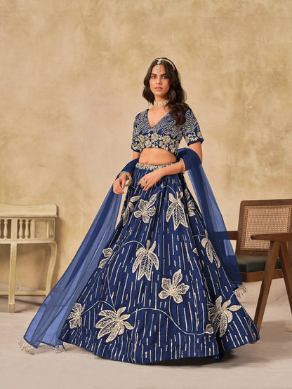 Navy Blue Art Silk Lehenga Choli With Sequins Embroidery