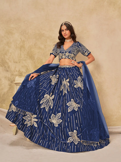 Navy Blue Art Silk Lehenga Choli With Sequins Embroidery