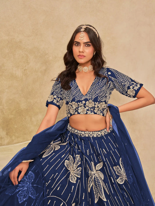 Navy Blue Art Silk Lehenga Choli With Sequins Embroidery