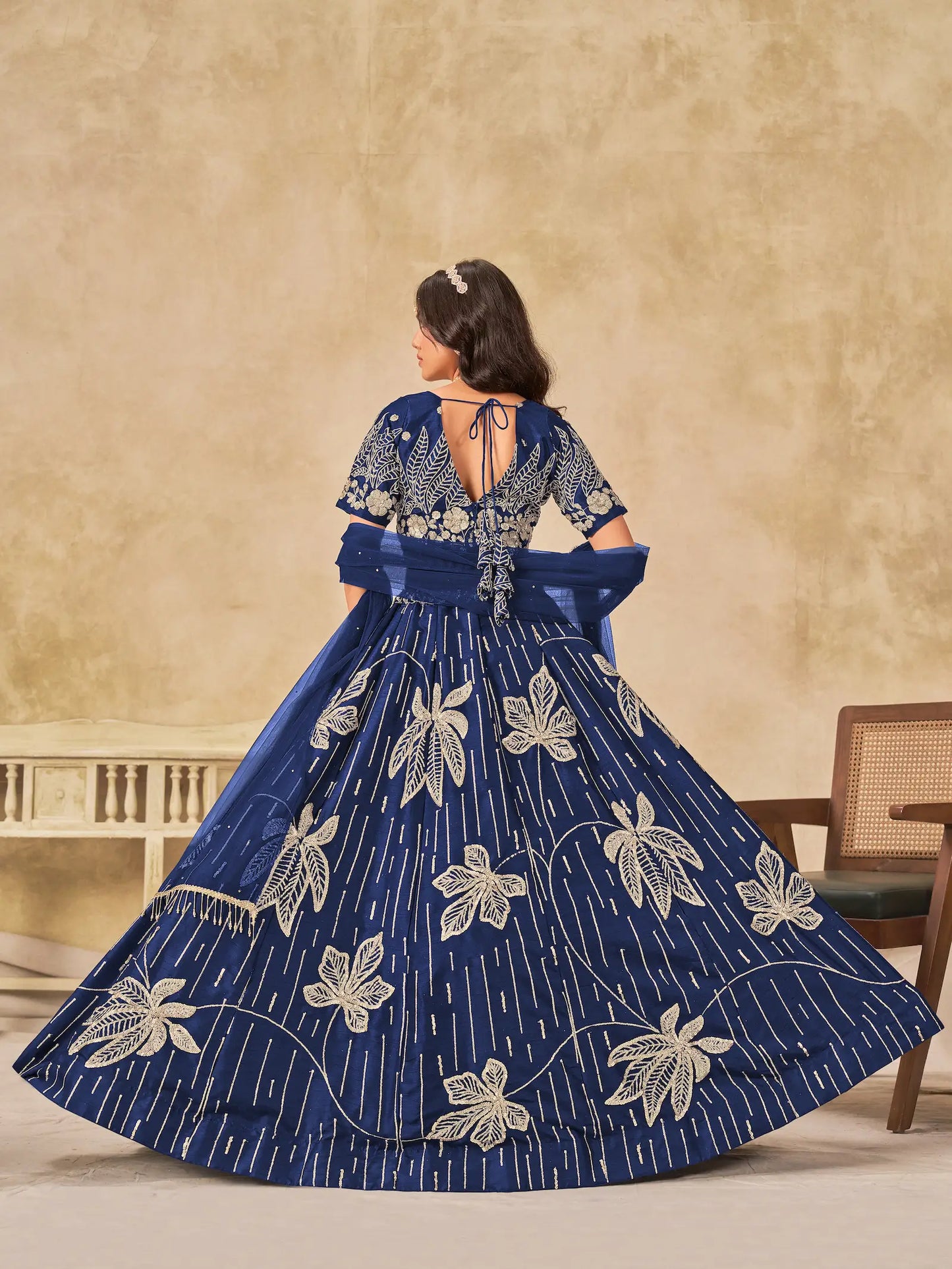 Navy Blue Art Silk Lehenga Choli With Sequins Embroidery