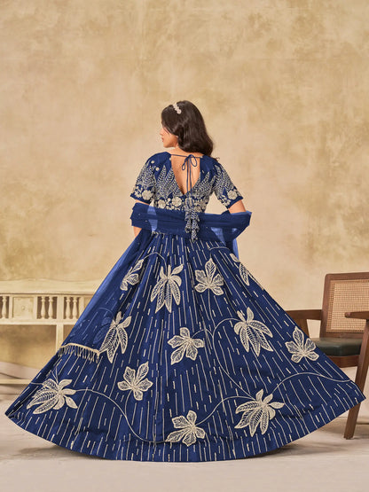 Navy Blue Art Silk Lehenga Choli With Sequins Embroidery