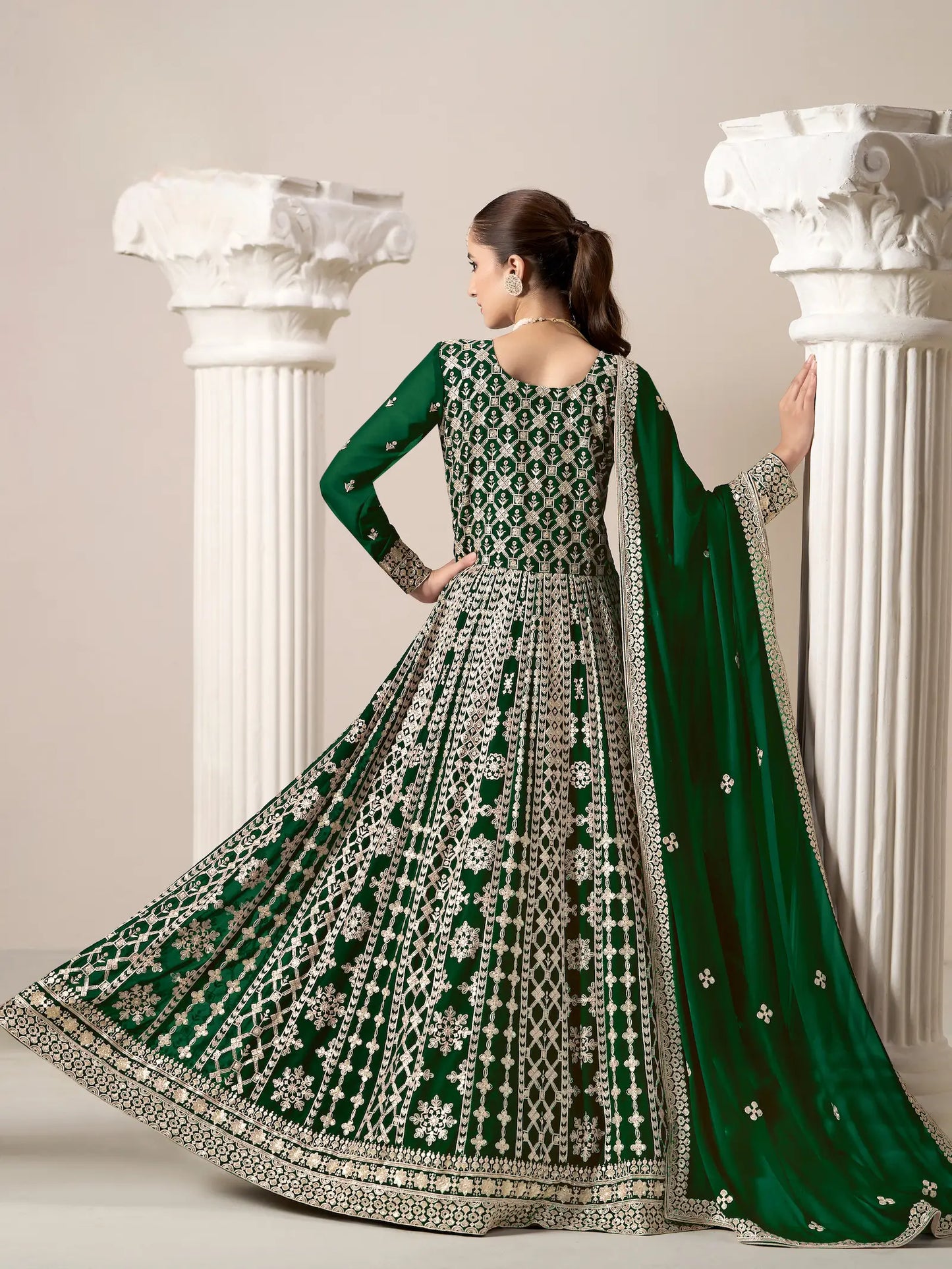 Green Georgette Gown With Sequence & Thread Embroidery Work
