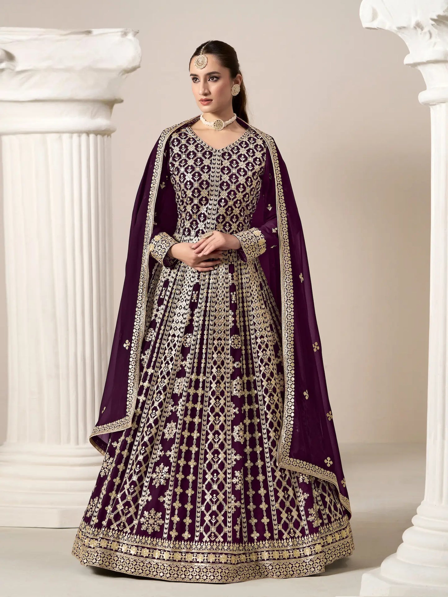 Wine Georgette Gown With Sequence & Thread Embroidery Work