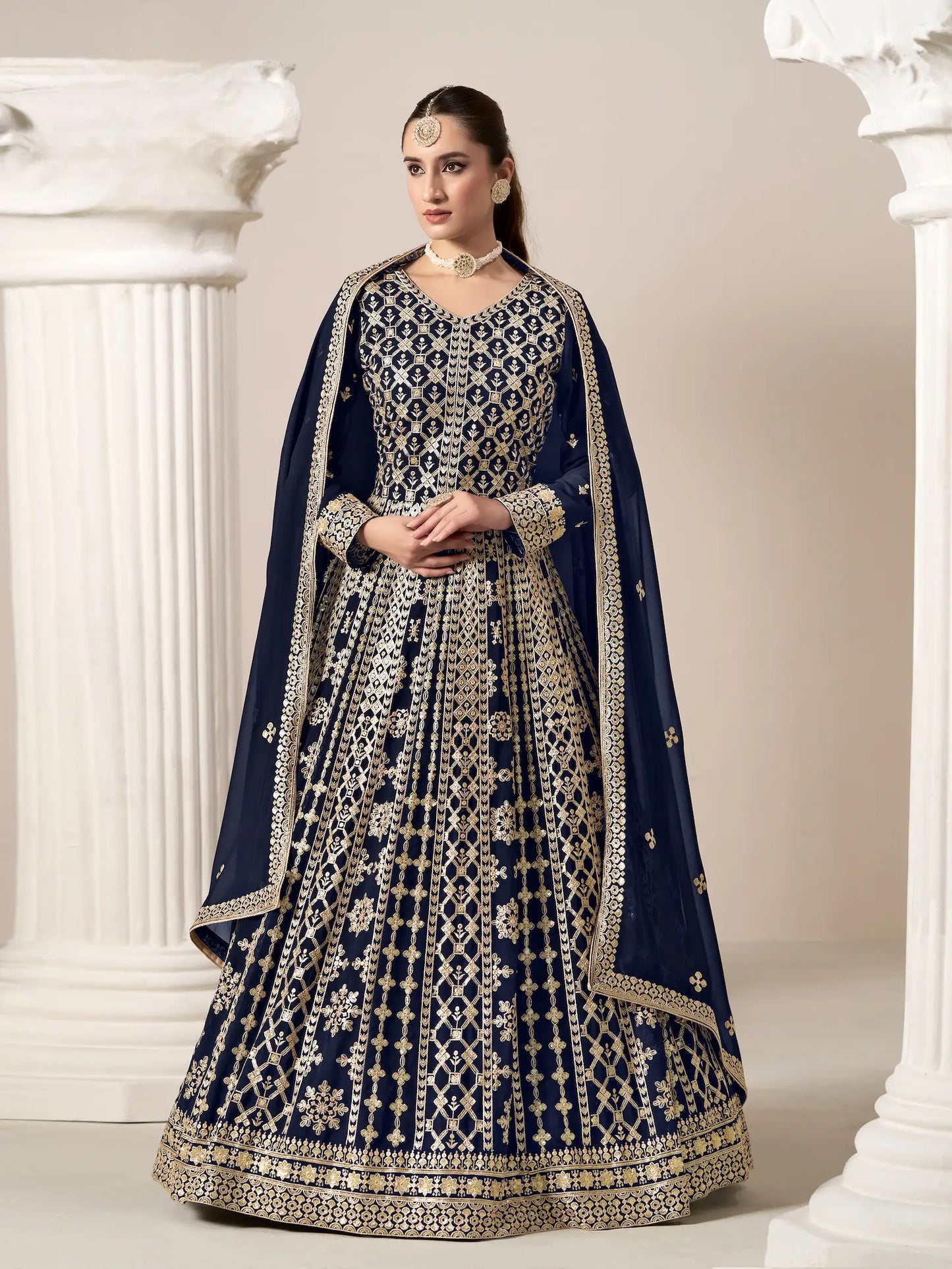 Navy Blue Georgette Gown With Sequence & Thread Embroidery Work