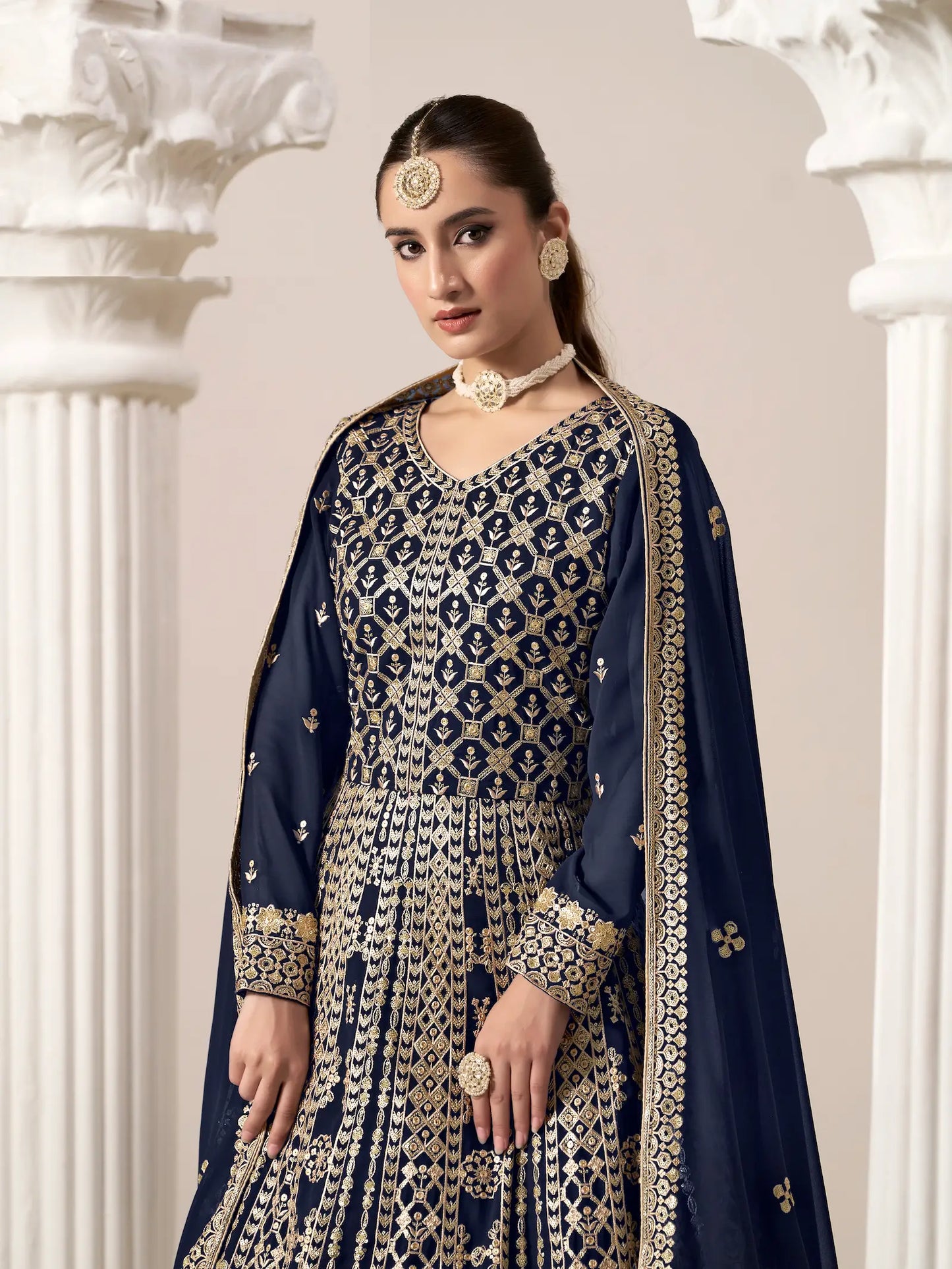 Navy Blue Georgette Gown With Sequence & Thread Embroidery Work
