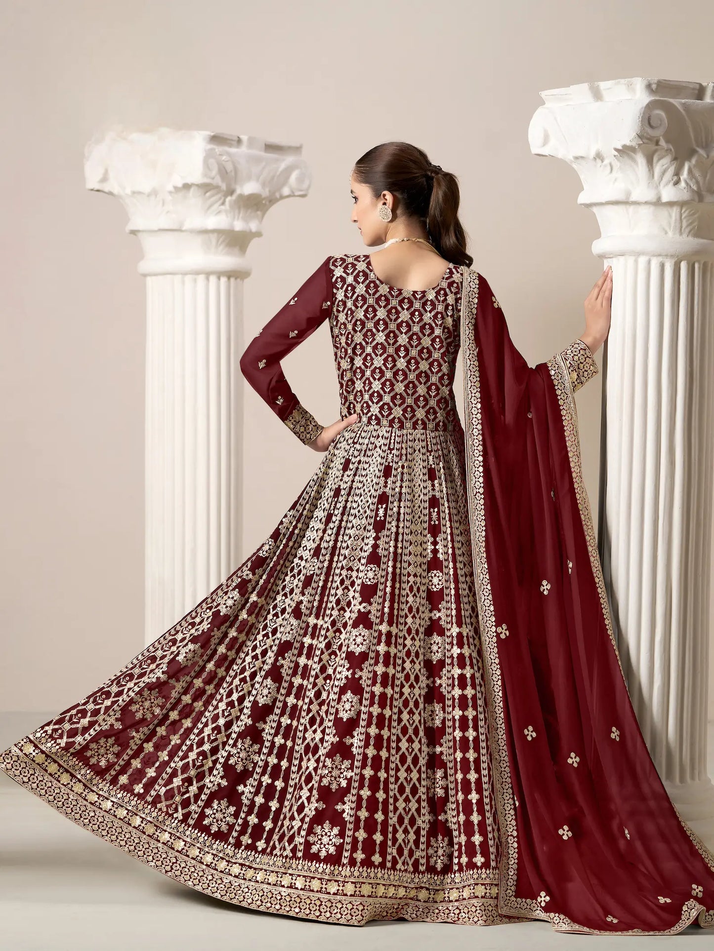 Maroon Georgette Gown With Sequence & Thread Embroidery Work