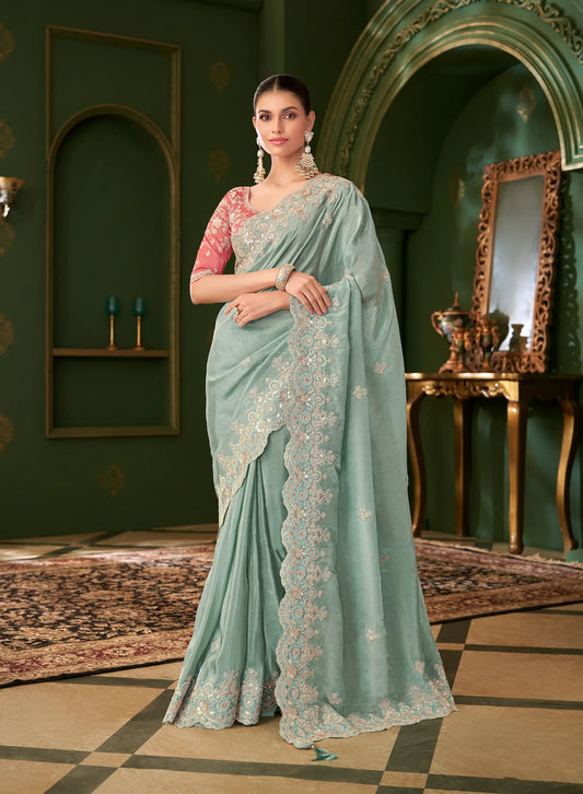 Sky Blue Viscose georgette Heavy Embroidery Saree
