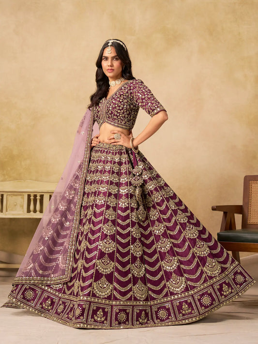 Wine Berry Art Silk Embroidery Lehenga Choli