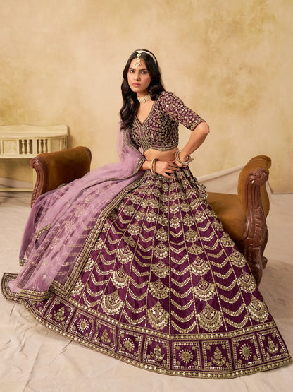 Wine Berry Art Silk Embroidery Lehenga Choli