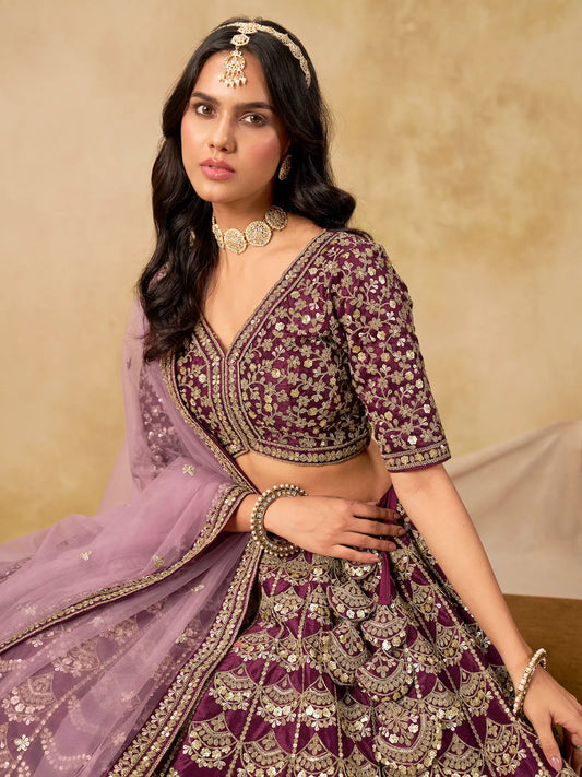 Wine Berry Art Silk Embroidery Lehenga Choli