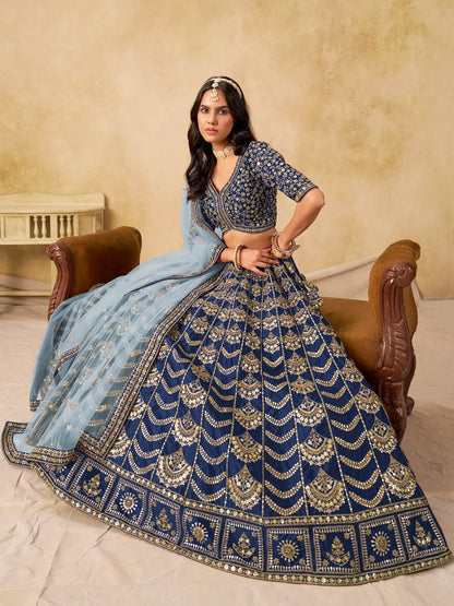 Nile Blue Art Silk Embroidery Lehenga Choli