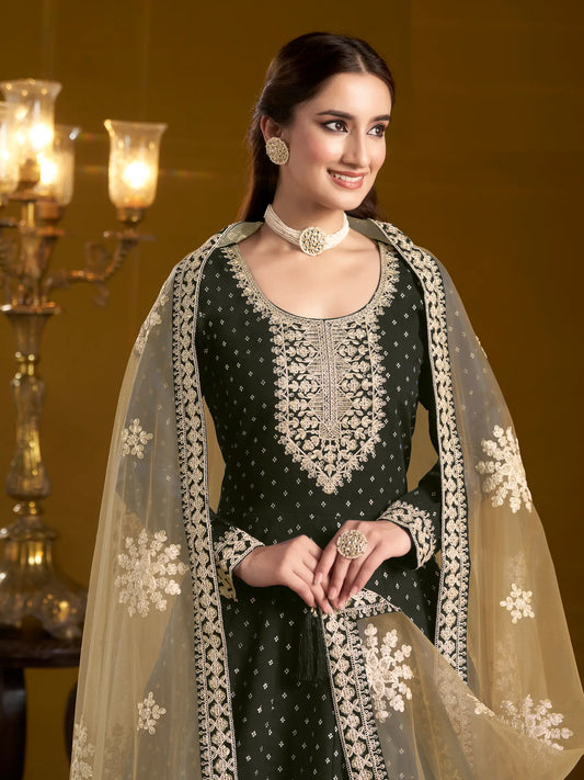 Black Chanderi Silk Gown With Zari Weaving Work,Sequence & Thread Embroidery Work