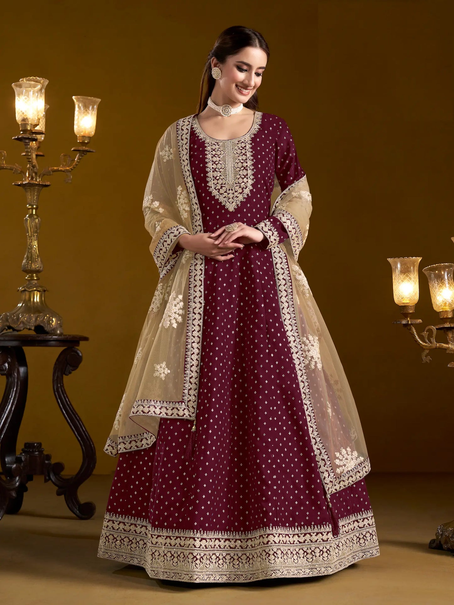Wine Chanderi Silk Gown With Zari Weaving Work,Sequence & Thread Embroidery Work