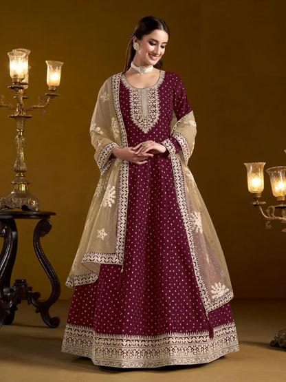 Wine Chanderi Silk Gown With Zari Weaving Work,Sequence & Thread Embroidery Work