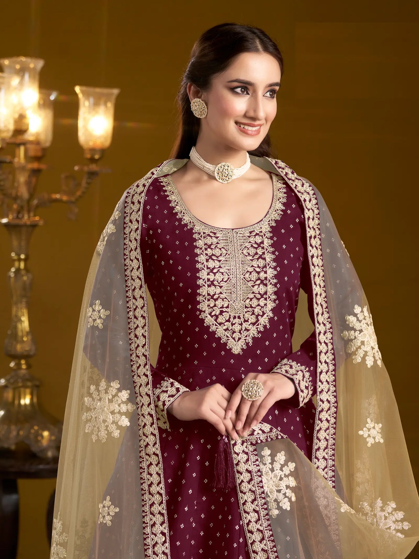 Wine Chanderi Silk Gown With Zari Weaving Work,Sequence & Thread Embroidery Work
