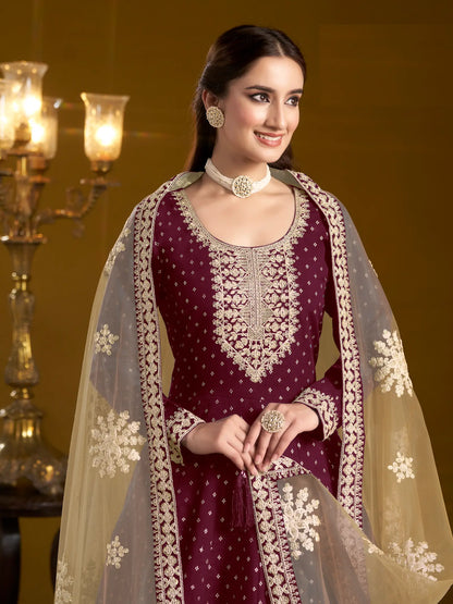 Wine Chanderi Silk Gown With Zari Weaving Work,Sequence & Thread Embroidery Work
