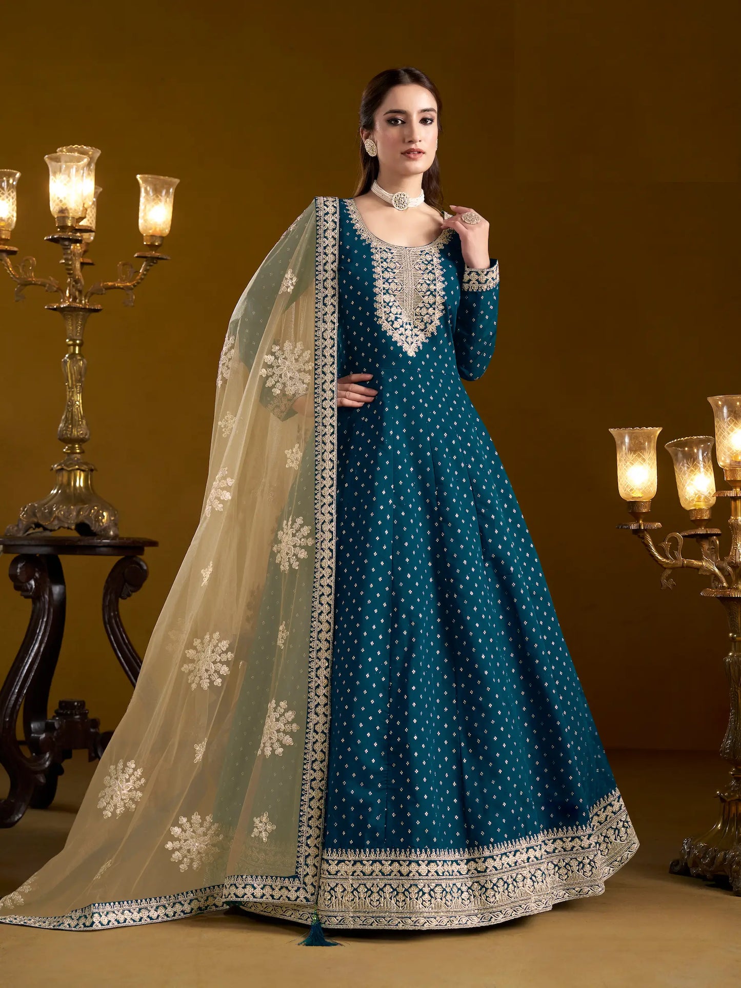 Teal Blue Chanderi Silk Gown With Zari Weaving Work,Sequence & Thread Embroidery Work