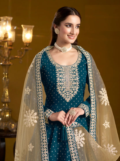 Teal Blue Chanderi Silk Gown With Zari Weaving Work,Sequence & Thread Embroidery Work