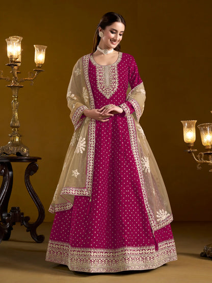 Dark Pink Chanderi Silk Gown With Zari Weaving Work,Sequence & Thread Embroidery Work