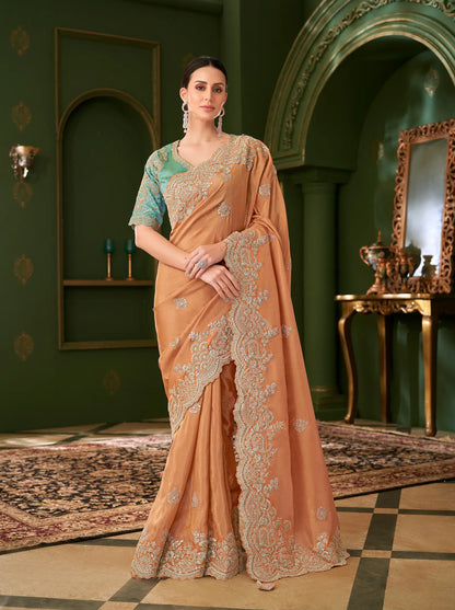 Saffron Orange Viscose georgette Heavy Embroidery Saree