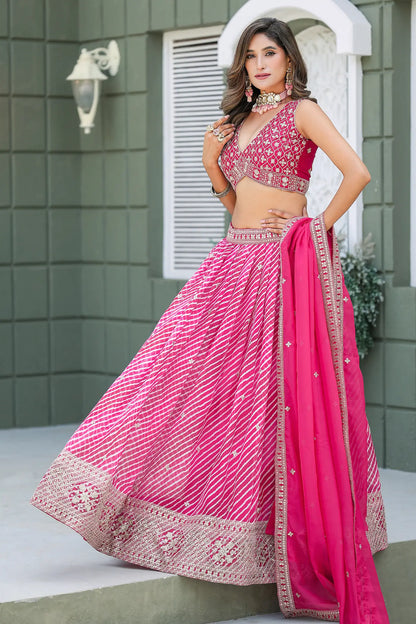 Hot Pink Silk Leheriya Print & Embroidery Lehenga Choli