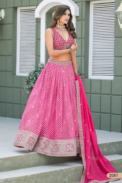 Hot Pink Silk Leheriya Print & Embroidery Lehenga Choli
