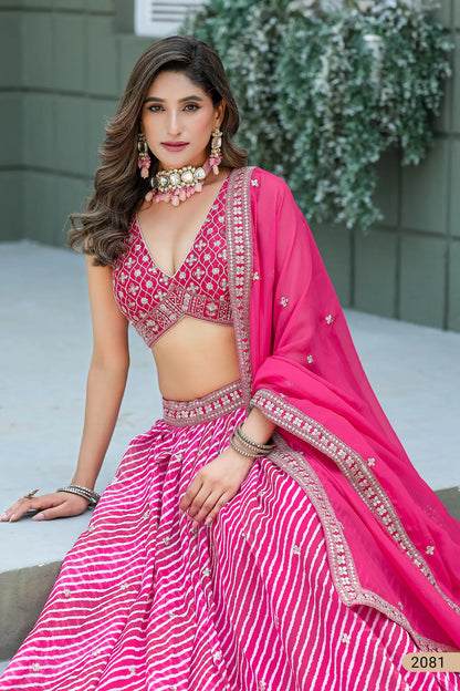 Hot Pink Silk Leheriya Print & Embroidery Lehenga Choli