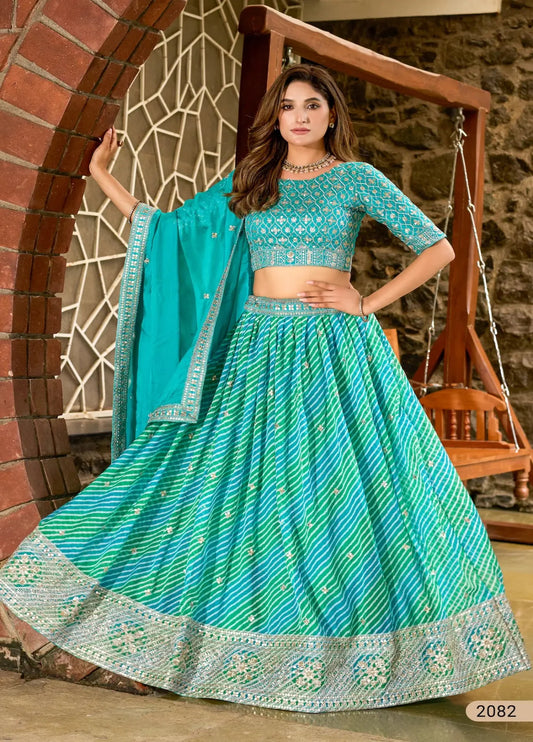 Turquoise Blue Silk Lehenriya Print & Embroidery Lehenga Choli