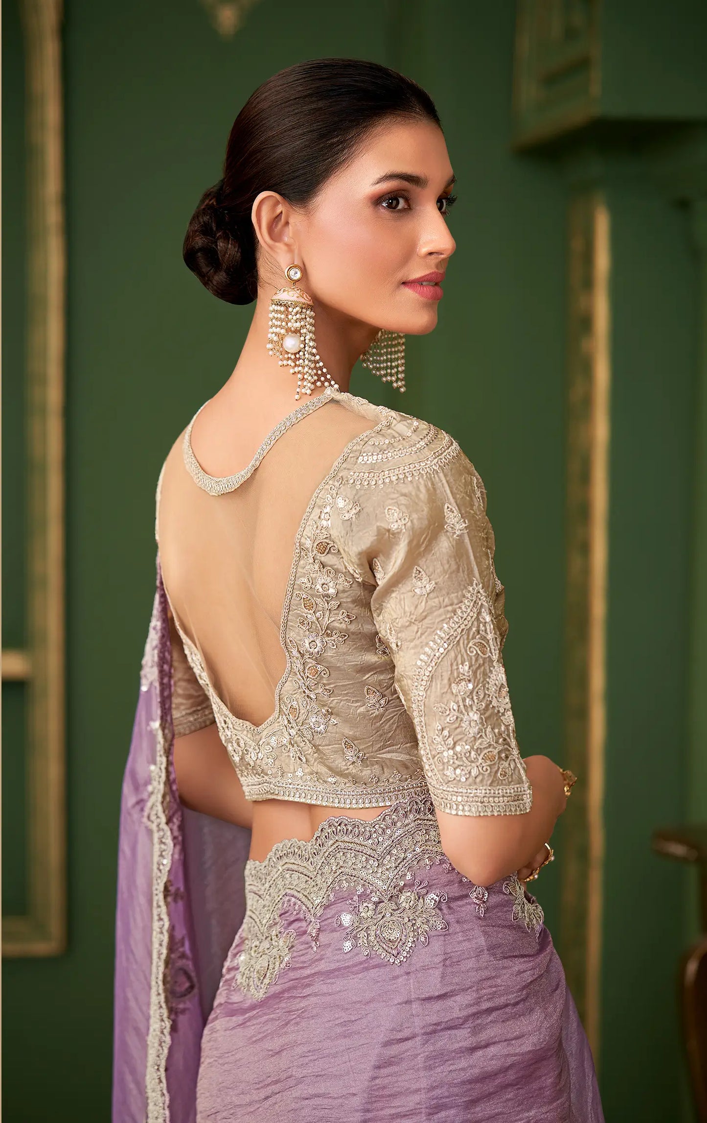 Pastel Purple Silk georgette Heavy Embroidery Saree