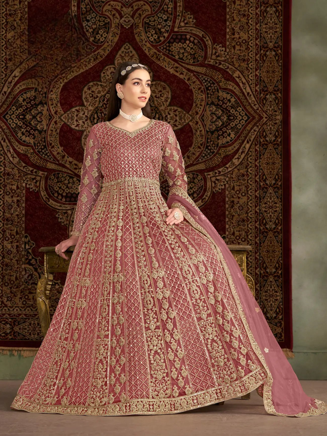 Light Pink Net Gown With Sequence & Zari Embroidery Work
