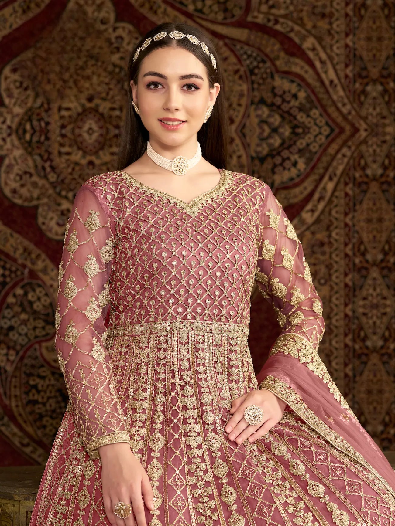 Light Pink Net Gown With Sequence & Zari Embroidery Work