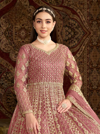 Light Pink Net Gown With Sequence & Zari Embroidery Work